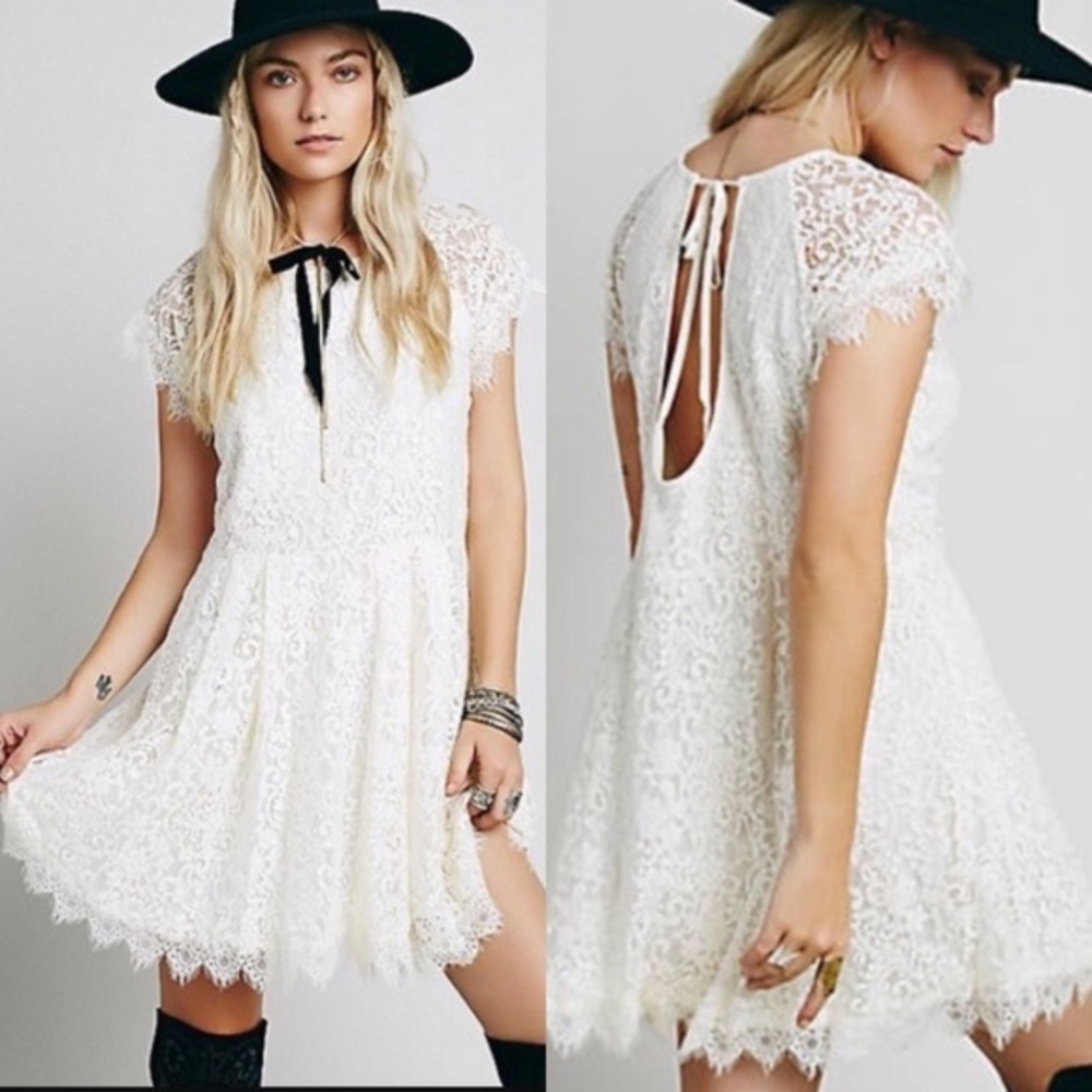 Free People White Lace Mini Dress with Scalloped Hem